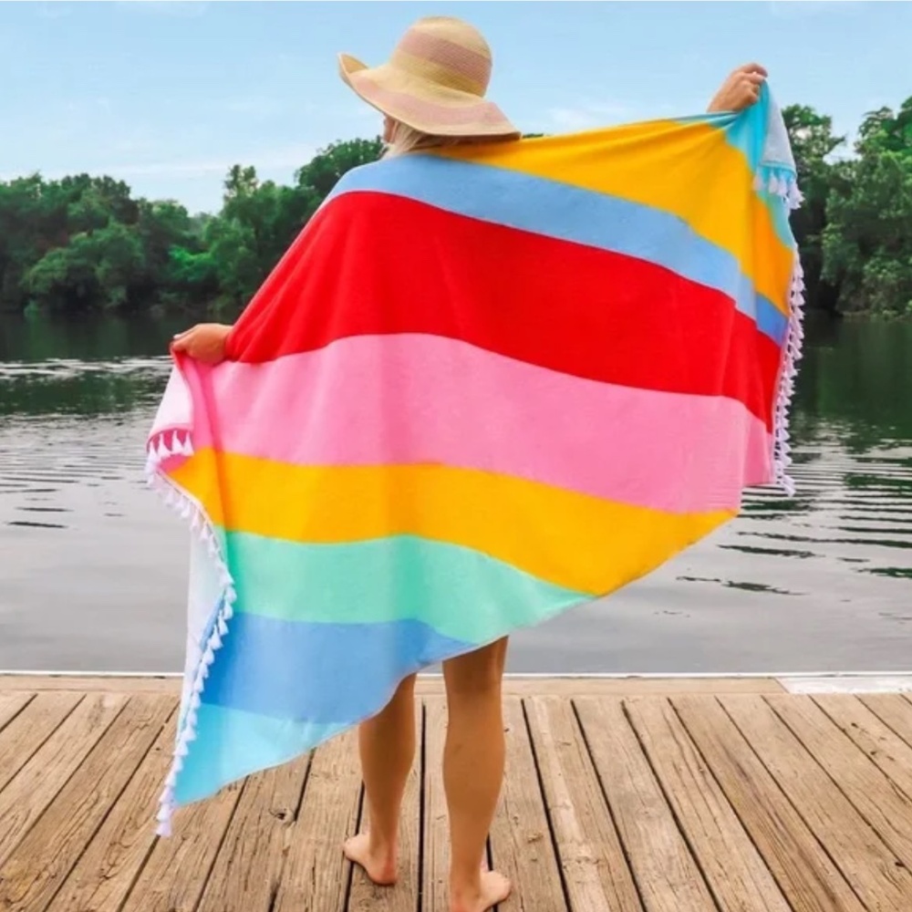 Rainbow Waves Tassel Fringed Oversized Beach Pool Towel NWT